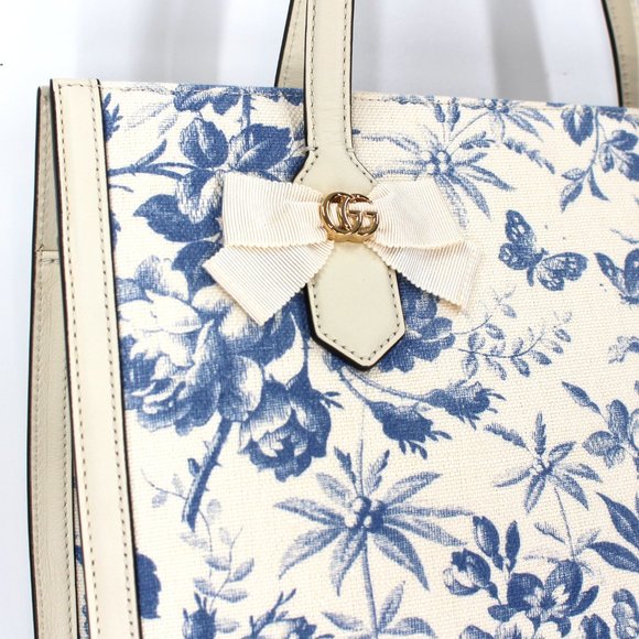 GUCCI Herbarium Ivory Blue Floral Butterfly Canvas Leather Large Tote Handbag - Picture 5 of 10